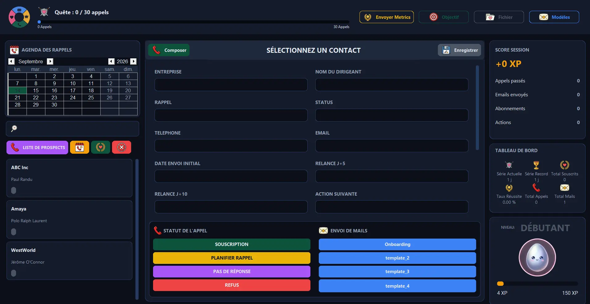 Prospect Legend — logiciel CRM gamifié avec numérotation automatique et envoi d'emails